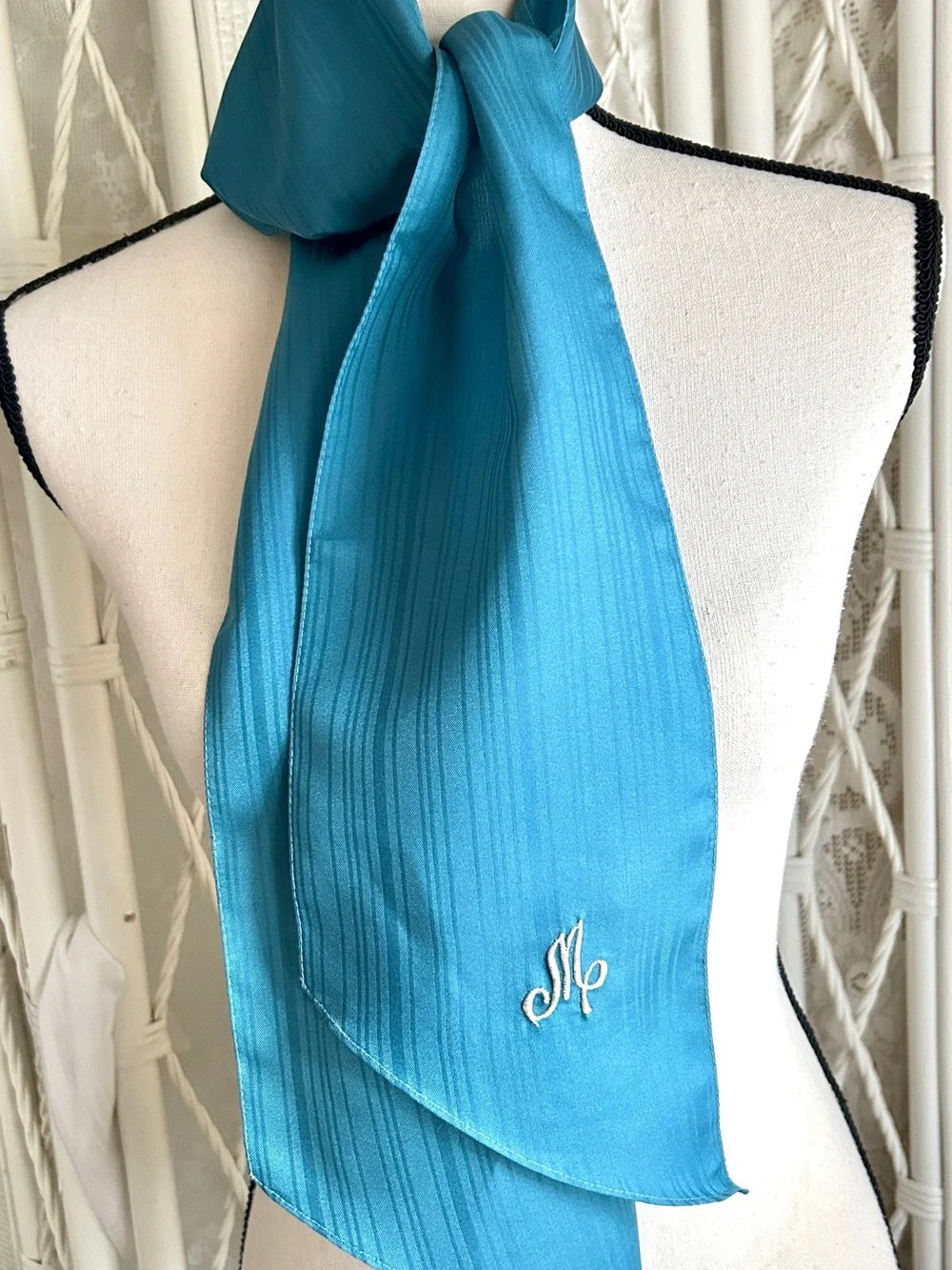 Vintage Teal Blue Green Scarf Monogram M 1970s Career Wear